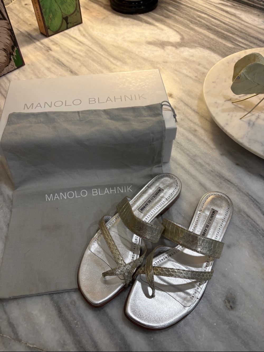 Manolo Blahnik Metallic Silver Strappy Mules with Textured Olive Straps